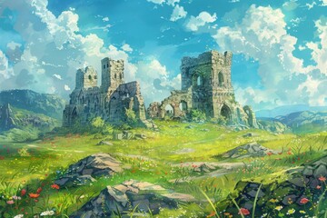 Scenic view of ancient castle ruins standing in a lush green landscape under a vibrant blue sky with fluffy white clouds.