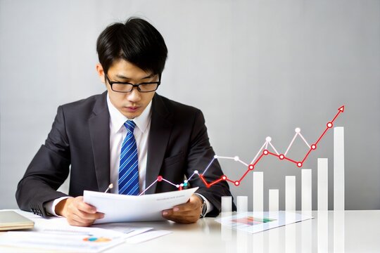 Professional Asian economist studying economic graphs and statistical data
