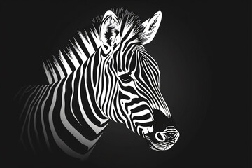 Fototapeta premium Black and white zebra portrait on black background, silhouette of majestic animal, wildlife photography, vector illustration. Black & white zebra on isolated background