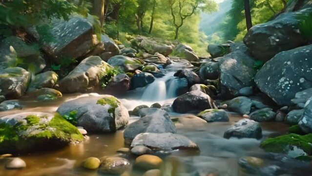 River with mossy rocks in the middle of a forest. River rocks in mountain forest. Prut river in the wild forest