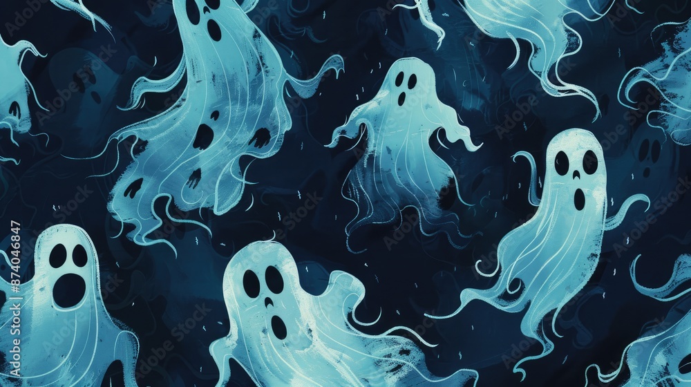 Poster 2d spooky poltergeist and small ghost halloween illustrations designed for textile projects featurin