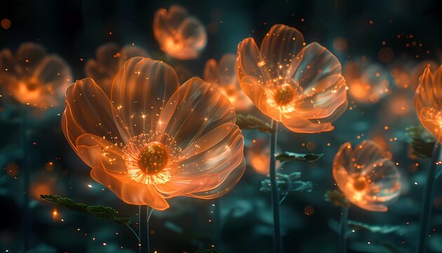 Binary Blossoms, garden filled with blooming flowers, flower symbolizing a commit or revision in the version control system,