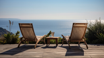 Fototapeta premium Two deck chairs on the terrace overlooking the sea., generative ai