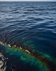 Fototapeta premium High-quality photograph of an oil spill in the ocean, showing the stark contrast between the vibrant colors of the spill and the dark water.