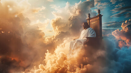 Jesus Chirist sitting on a throne in heaven, surrounded by white clouds