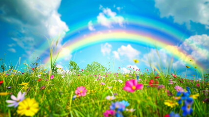Naklejka premium A beautiful rainbow over a field of flowers