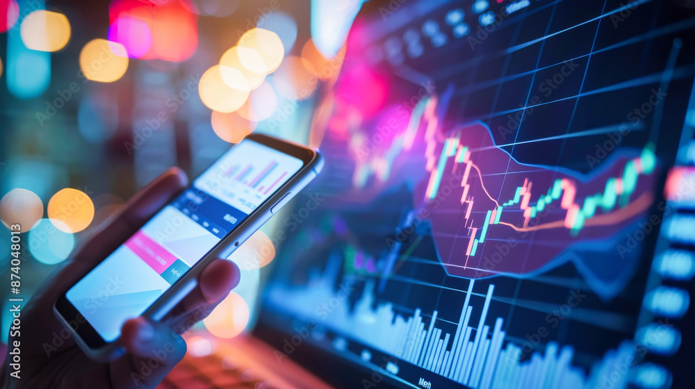 Poster a hand holding a mobile phone displaying a trading graph and stock market data
