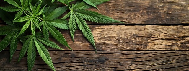 Cannabis leaves on a wooden background. selective focus. Generative AI,