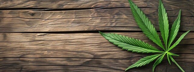 Cannabis leaves on a wooden background. selective focus. Generative AI,