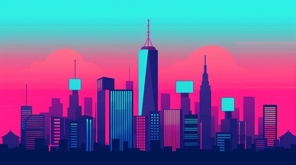 Naklejka premium Illustrate a high-tech city skyline with futuristic skyscrapers and digital billboards, capturing the dynamic energy of urban life in a technologically advanced society. Illustration, Image, ,