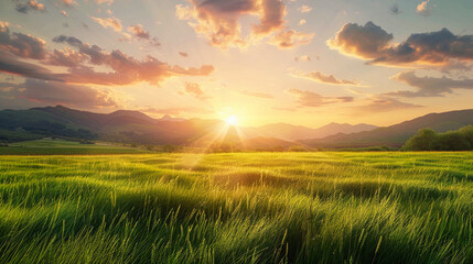 Beautiful sunset over green wheat field