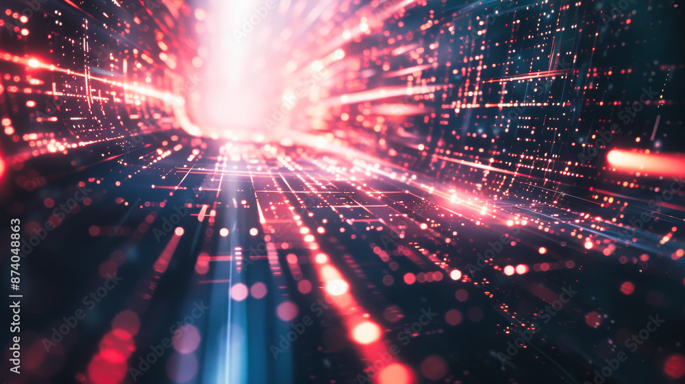Poster digital background featuring an abstract, digital space with glowing lights and futuristic elements