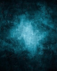Fototapeta premium Abstract blue background with bright center spotlight and dark vignette border frame with vintage grunge background texture.