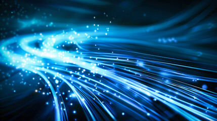 Fototapeta premium Abstract digital data stream with glowing lines on dark blue background