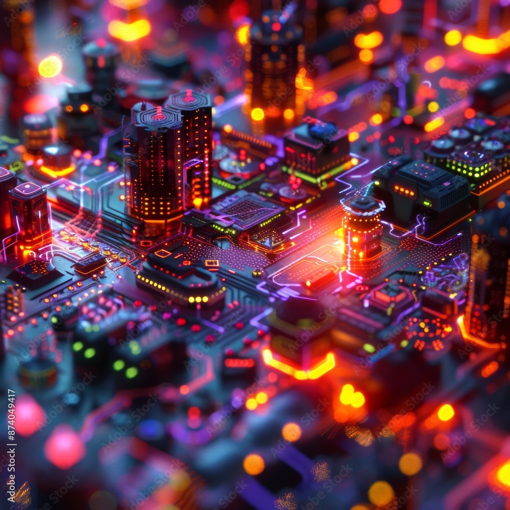 Aufkleber futuristic holographic display of interconnected digital systems in cyberpunk style with vibrant col