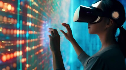 A fascinating look into the world of virtual reality, a girl in VR glasses interacts with digital elements and feels the power of this advanced technology