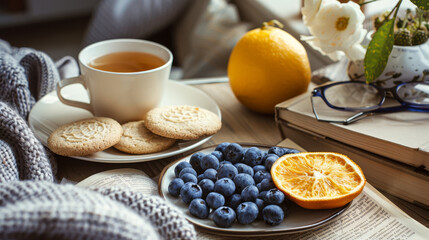 Cup of Tea: A steaming cup of tea, placed near the cookies.
