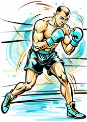 Fototapeta premium Boxer in Motion: Agility and Power in the Ring, ideal for sports magazines, boxing training materials, promotional materials for boxing gyms, or content about combat sports strategies.