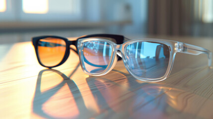 Several trendy stylish glasses and flowers arranged on a beige background, top view. Concept of optics, glasses shop, and frames.