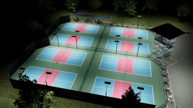3d render animation of pickleball tennis courts zoom out.  at evening or night 