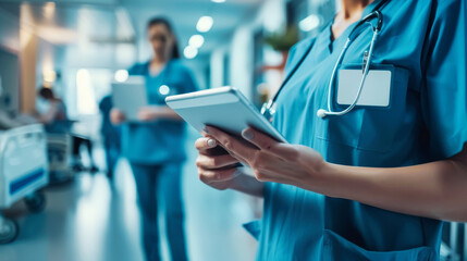 Close up of a female doctor or nurse using a digital tablet in a hospital