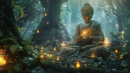 Serene Buddha statue meditating in an enchanted forest surrounded by glowing lights. Concept of peace, enlightenment, spirituality, and meditation.
