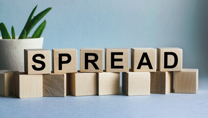 The inscription SPREAD on wooden cubes isolated on a blue background, the concept of business and finance.