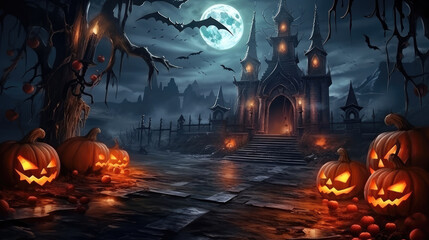 Halloween background with pumpkins, haunted house, bats and candles., generative ai