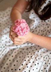 Girl Stretching Slime. Girl Playing with Pink Slime