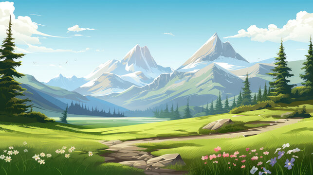 Landscape wallpaper with mountain and grass., generative ai