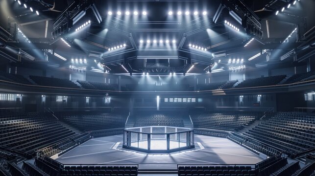 Empty Octagon Cage in a Modern Arena