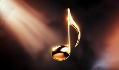 Golden music notes on a defocused brown background, Golden musical note floating on a dark abstract background