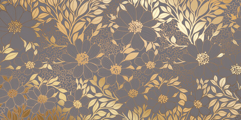 Pattern of Golden Metallic Foiled Contour Flowers and Leaves on Storm Front Grey Background. Luxurious Art Deco Wallpaper Design for Print, Poster, Cover, Banner, Invitation, Package, Beauty Products.