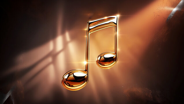 Golden music notes on a defocused brown background, Golden musical note floating on a dark abstract background