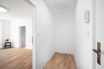 A bright hallway with white walls, wooden parquet flooring, an open door leading to a living room with a small plant on a black stool near the window.