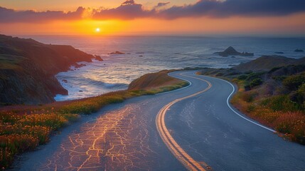 Serene Coastal Drive: Scenic Road Trip Adventure along Cliffside with Spectacular Ocean Views