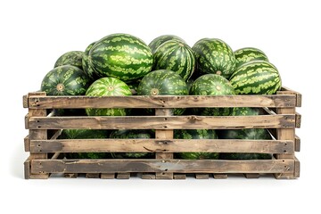 Pile of Watermelon on Wooden Crate, Isolated on White Background : Suitable for Be Used in Blog Posts, Social Media Posts or Website Content Related to Fruits and Vegetables.