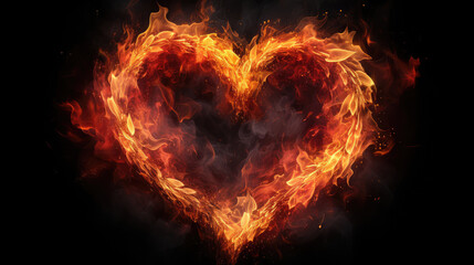 Burning heart on a black background. Red and orange colors., generative ai