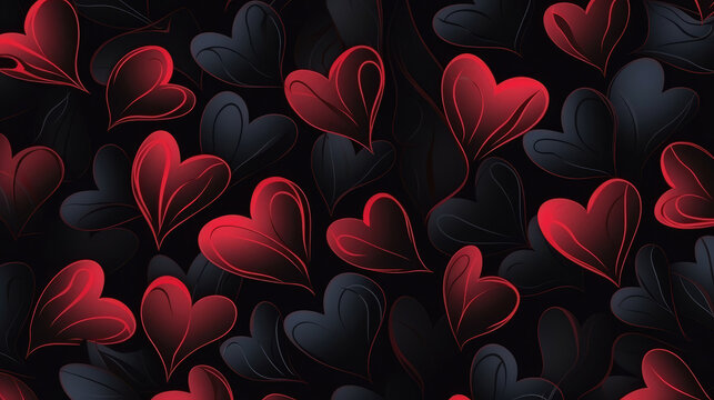 Seamless pattern with red hearts on black background., generative ai