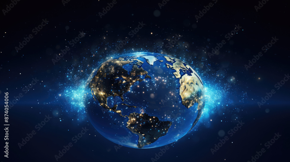 Wall mural globe of the planet earth with blue lights and particles., generative ai