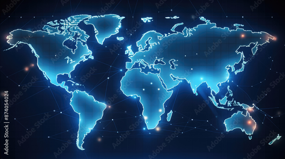 Wall mural glowing digital world map with glowing circles on dark background. technology concept., generative a