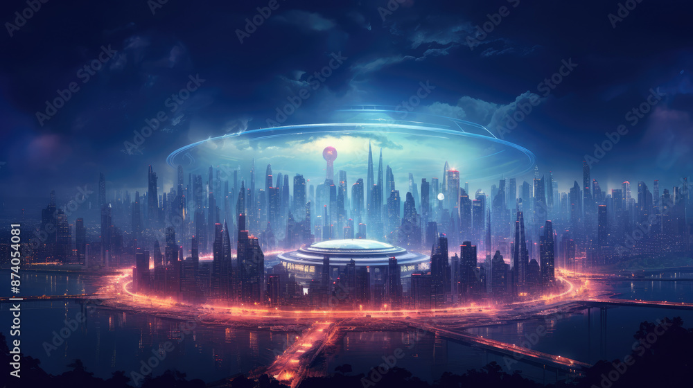 Canvas Prints futuristic city with glowing lights in the night., generative ai