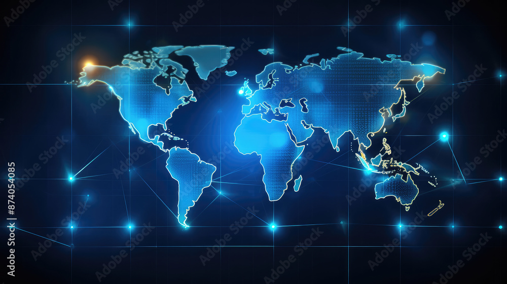 Wall mural abstract digital world map on blue background. technology and communication concept., generative ai
