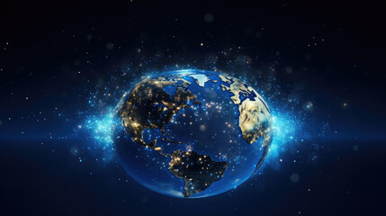 Naklejka premium Globe of the planet Earth with blue lights and particles., generative ai