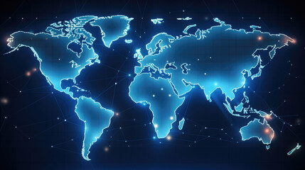 Glowing digital world map with glowing circles on dark background. Technology concept., generative ai