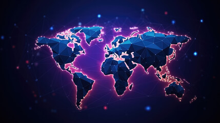 Polygonal World Map with Connected Lines and Dots. Technology Background. Illustration art., generative ai