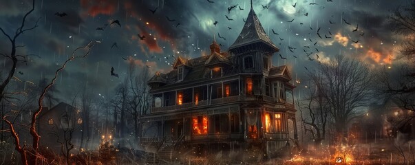 Fototapeta premium A spooky haunted house with glowing windows under a dark, stormy sky, surrounded by eerie, leafless trees and flying crows.