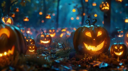 Obraz premium A spooky Halloween night with glowing jack-o'-lanterns in a forest, creating an eerie festive atmosphere.