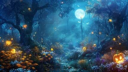 Fototapeta premium Enchanting Halloween night forest with glowing pumpkins, misty atmosphere, and bright full moon illuminating the mystical woodland path.