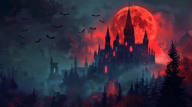 Spooky gothic castle under a red moon, surrounded by bats and misty forest. Perfect for Halloween themes and dark fantasy settings.